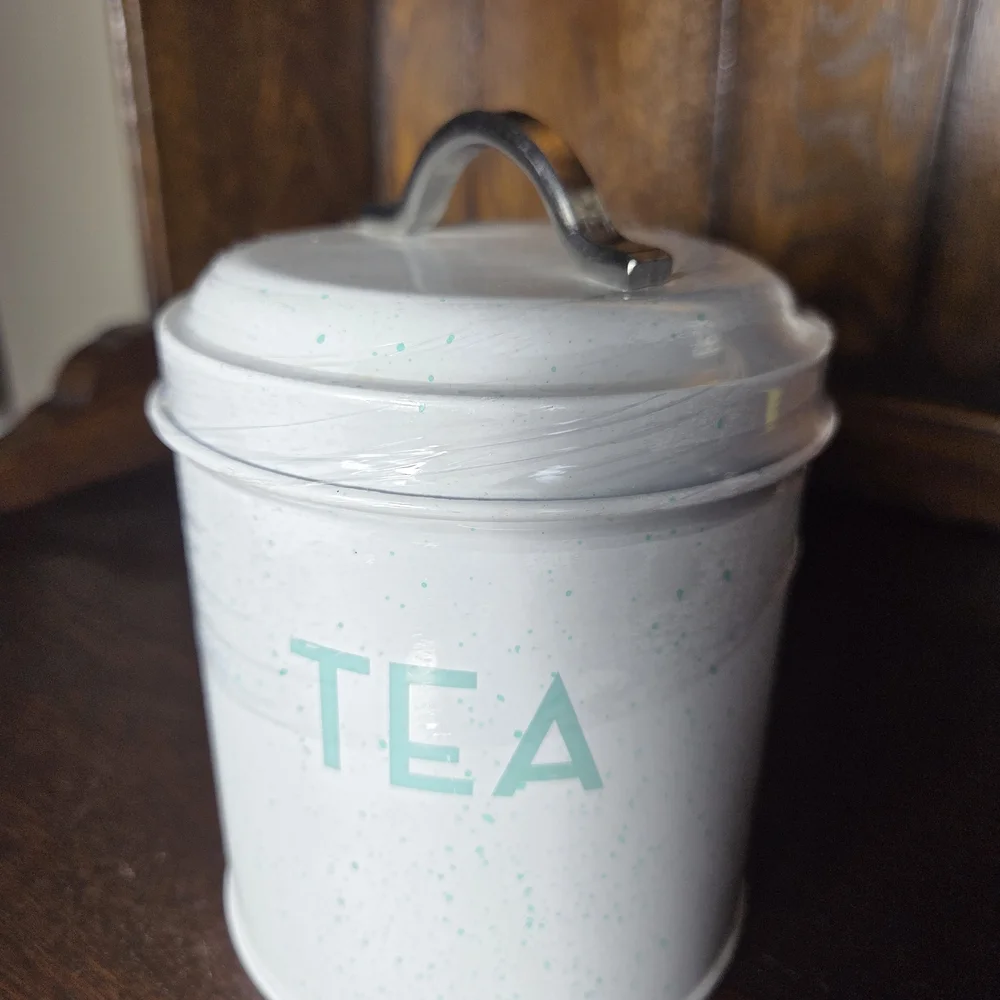 White Tea Canister with Mint Green Lettering